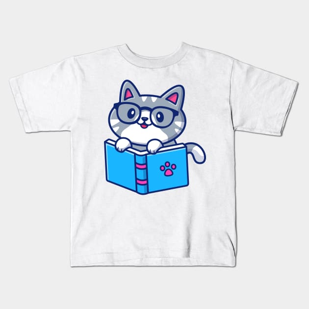 Cute cat reading book Kids T-Shirt by sharukhdesign